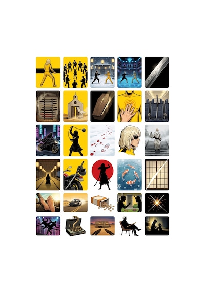 60 Adet Kill Bill Temalı Sticker Seti Sarı Eşofman, Maskeli Dövüşçü Çemberi, Karlı Bahçede Düello - 2 Sayfa - Laptop Çok Renkli