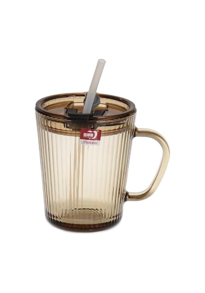 2 Adet Kapaklı Pipetli Cam Kupa Bardak Çay Kahve Meşrubat Tatlı Bardağı Kahverengi 370 Ml Açık Ahşap
