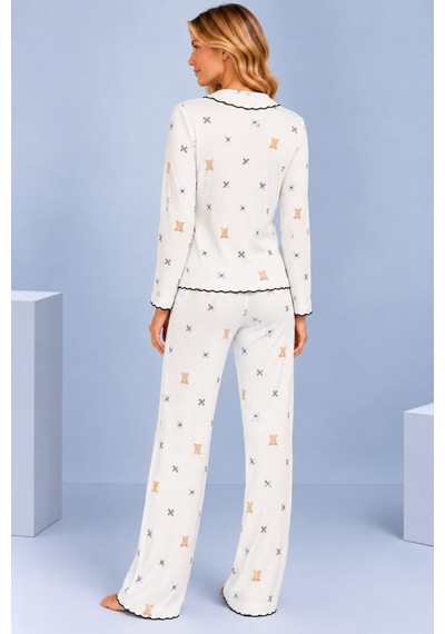 Pijamask Kadın Desenli Fiyonk Detaylı Düğmeli Uzun Kollu Müslin Pijama Takımı Beyaz-22