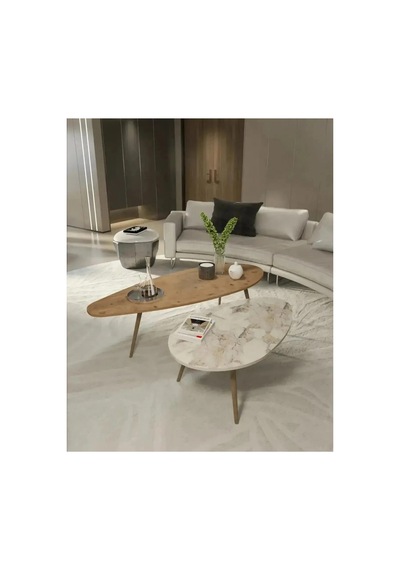 Orta Sehpa Seti Modern 2 Li Ahşap Ayaklı Atlantik-traverten