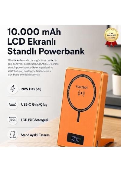 10.000mah Lcd Ekranlı Standlı Powerbank ,20w Hızlı Şarj, Usb-c Giriş/çıkış, Telefon Tutuculu Taşınabilir Şarj Cihazı-1659 Siyah