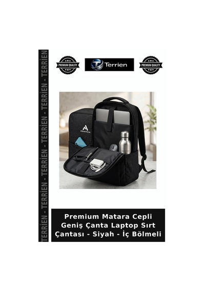 Terrien Premium Matara Cepli Geniş Çanta Laptop Sırt Çantası - Siyah - İç Bölmeli