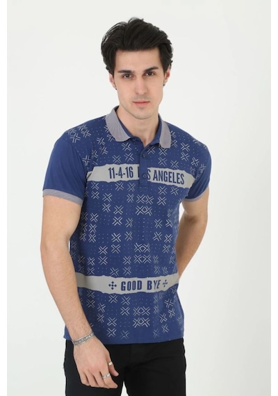 Erkek Polo Yaka Tişört Slim Fit Baskılı Kısa Kol T-shirt - Mavi