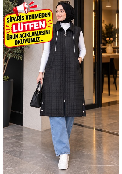 Esra Butik78 Kadın Kapitone Yelek Uzun Boy Fermuarlı Tesettür Yelek Siyah