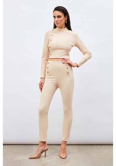 Sateen Düğme Detaylı Pantolon - Bej-132976 Bej