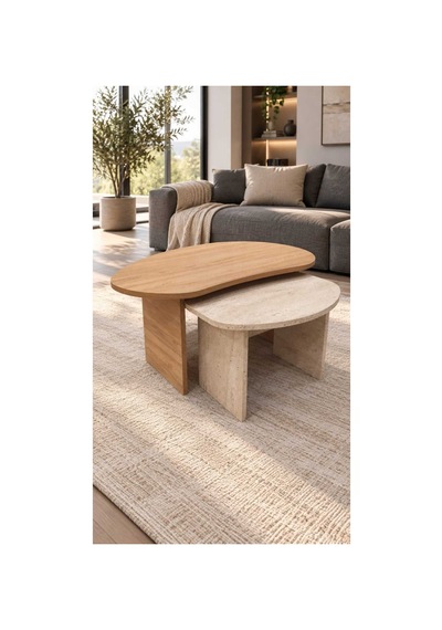 Katmanlı Tasarım Oval İkili Salon Orta Sehpası Ekonomik Demonte Servis Sehbası Orta Sehpa Ahşap-traverten - 935220333 Ahşap-traverten