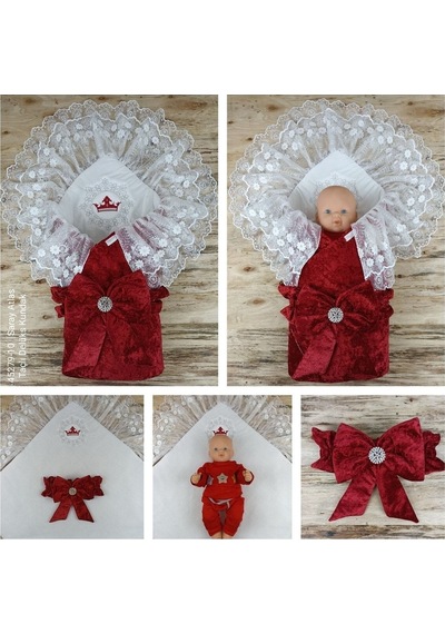 Dantelli Taçlı Bebek Kundağı Unisex Bebek Dış Kundak Battaniyesi Hastane Çıkışı Mevlütlük Kundak Bordo
