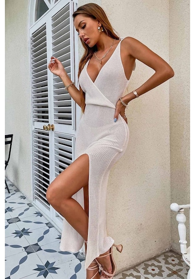 Angelsin Örme Wrap Yaka Yırtmaçlı Plaj Elbisesi Pareo Beyaz