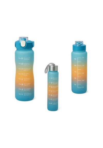 3 Lü Renkli Suluk Seti Motivasyonlu Spor Matara Seti 2l, 900ml Ve 300ml Su Şişesi Sızdırmaz, Dayanıklı, Şık Tasarım Mavi-turuncu 0