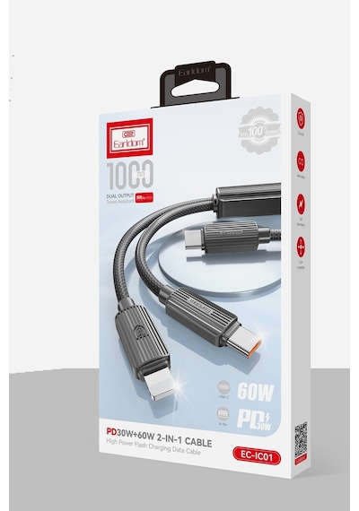 Earldom EC-IC01 1.2 M Çift Çıkışlı 2 in1 PD Hızlı Şarj Kablosu