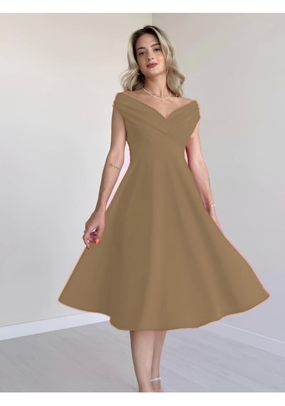 Defymoda Kadın Kısa Kollu Kruvaze Yaka Eteği Volanlı Krep Elbise Sütlü Kahve