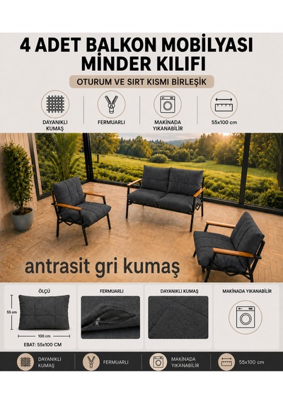 Doruk Home Doruk Bahçe Ve Balkon Mobilyası Minder Kılıfı 55x100cm Antarasit Kılıf Gri
