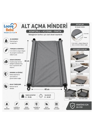 Bebek Alt Açma Minderi Bakım Örtüsü Silenebilir Kolay Kullanım 65 X40 Cm Gri