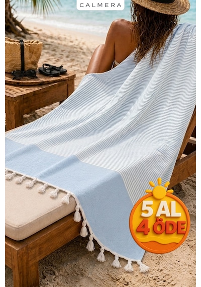 Calmera Çizgili Peştemal Pamuk - Doğal Saçaklı Plaj, Deniz, Havuz, Spa, Sauna, Spor, Seyahat Havlu - Mavi