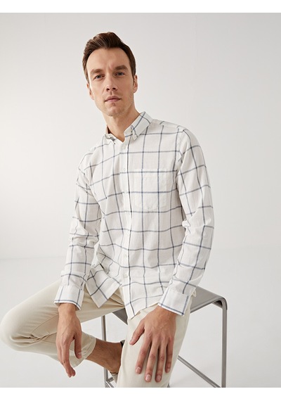 Lcwaıkıkı Classic Beyaz Regular Fit Uzun Kollu Ekose Poplin Erkek Gömlek