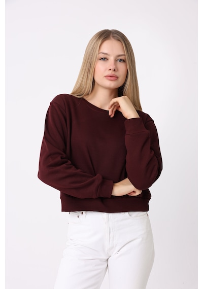 Defys Kadın Bisiklet Yaka Üç İplik Şardonlu Basic Sweatshirt Bordo