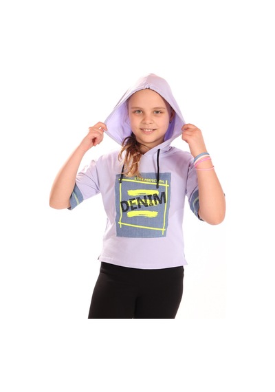 Toontoy Kids Toontoy Kız Çocuk Denım Baskılı Kapüşonlu Tişört Mavi