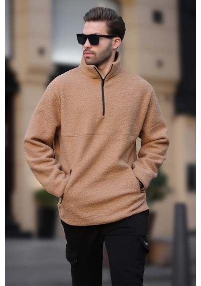 Madmext Bej Dik Yaka Yarım Fermuarlı Buklet Sweatshirt 7084 Bej