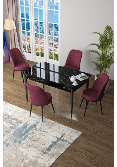 Canisa Concept Zen Serisi 80x132 Mdf Açılabilir Siyah Mermer Desen Masa Takımı Ve 4 Bordo Sandalye Siyah Canisa Concept Zen Serisi 80x132 Mdf Açılabilir Siyah Mermer Desen Masa Takımı Ve 4 Bordo Sandalye Siyah