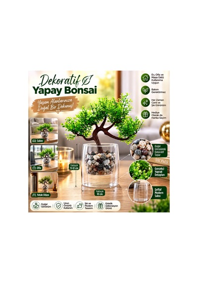 Dekoratif Yapay Bonsai Ağacı Şeffaf Saksılı Taşlı Yapay Bitki Ev Ofis Masa Üstü Dekorasyon Yeşil