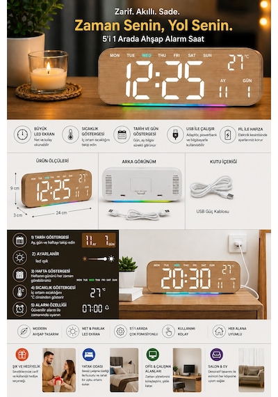 Büyük Ekranlı Ahşap Desenli Dijital Masa Saati 24x9x3 Cm Alarm Çalar Saat Rgb Renkli Led Işıklı Usb Ve Pil Bej