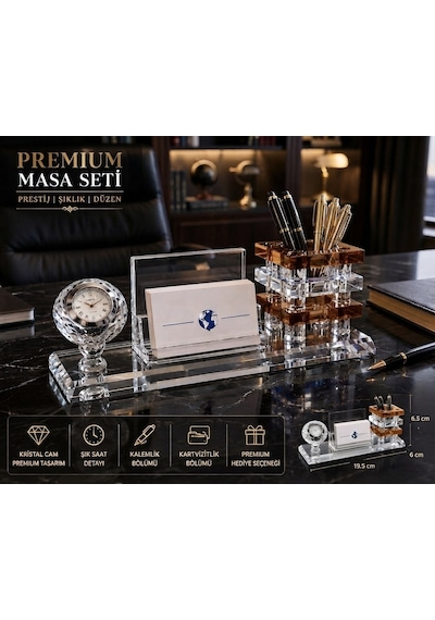 Premium Hediye Ofis Kristal Cam Saatli Kalemlik Kartvizitlik Yönetici Masaüstü Organizer Seti Kahve Çok Renkli