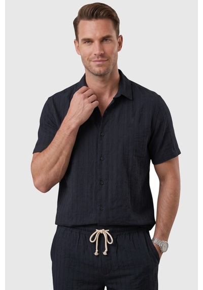 Rizzup Lacivert Slim Fit Çizgi Dokulu Keten Görünümlü Kısa Kol Erkek Spor Gömlek 2602648