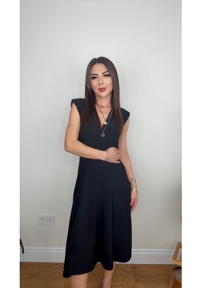 Suma Kadın Kısa Kollu Kruvaze Yakalı Buzgulu Midi Janjan Krep Elbise SIYAH