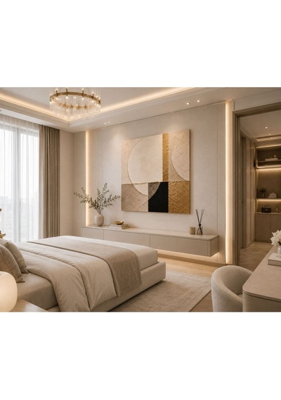 Modern Soyut Geometrik Kare Kanvas Tablo Gold Detaylı Bej Krem Minimalist Luxury Salon, Yatak Odası Ve Ofis Duvar Dekoru Çerçevesiz Premium Duvar Tablosu