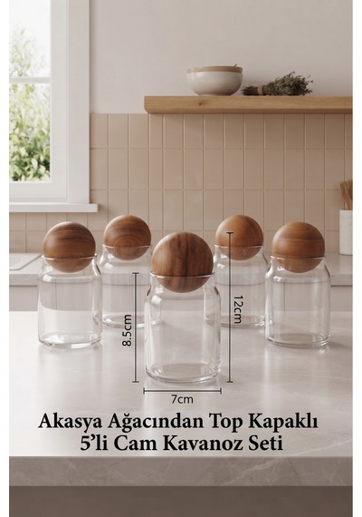 5'li Cam Kavanoz Seti Akasya Ahşap Top Kapaklı Saklama Kabı Baharatlık Kahvaltılık Dekoratif Mutfak Kavanozu 12 Cm Diğer