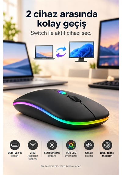 Siyah Şarjlı Kablosuz Sessiz Click Mouse Rgb Led Işıklı Ultra Slim 2.4ghz 800/1200/1600dpı Siyah 53923 - 936314570 Diğer Siyah Şarjlı Kablosuz Sessiz Click Mouse Rgb Led Işıklı Ultra Slim 2.4ghz 800/1200/1600dpı Siyah 53923 - 936314570 Diğer