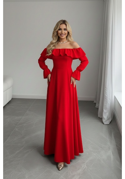 Defymoda Kadın Modern Kesim Fırfır Detaylı Elbise Kırmızı
