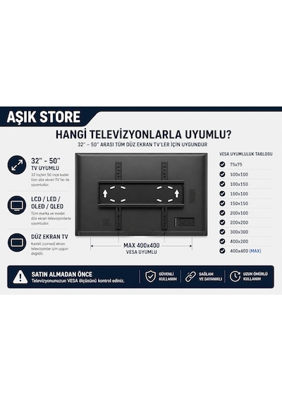 Sabit Tv Askı Aparatı 32-50 İnç Universal Tv Duvar Askısı Vesa 400x400 35 Kg Lcd Led Oled Qled Metal Gövde