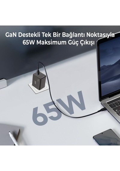 Bix BX1P65G GaN 65W Led Göstergeli Hızlı Şarj Cihazı Siyah
