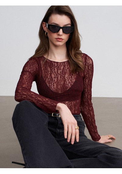 Dilvin 32764 Kayık Yaka Dantel Top-bordo