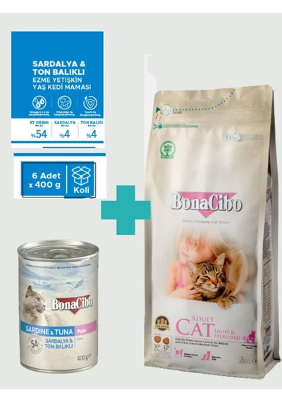 Bonacibo Tavuklu Kısır Kedi Maması 2 Kg & Deniz Ürünlü Ezme Yaş Mama Avantaj Paketi 6x400 Gr