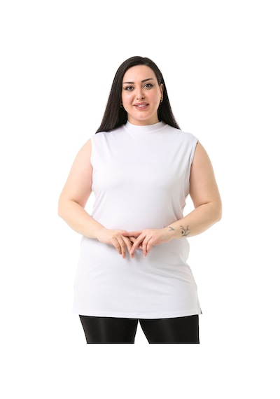Disentis Büyük Beden Yarım Balıkçı Yanları Yırtmaçlı Uzun Viskon Beyaz Body Beyaz