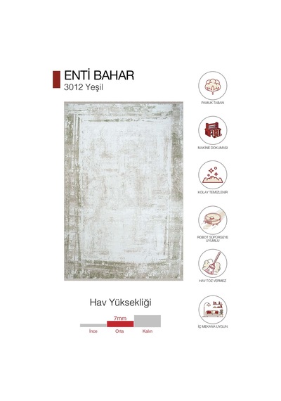 Enti Bahar 3012 Yeşil Halı - Bordürlü Eskitme Salon Ve Oturmas Odası Halısı Yeşil Bej