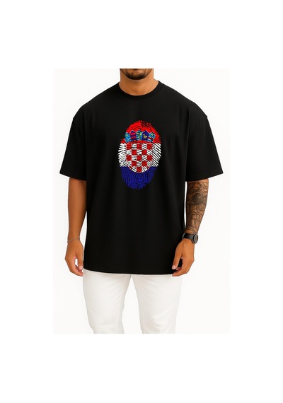 Bahriyeli Collection Oversize Hırvatistan Logosu Ve Bayrağı Göğüs Tasarımlı Unisex T-shirt Siyah