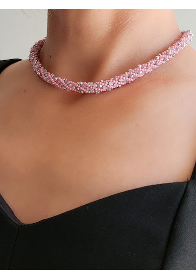 Etnik Bohem Sarmal Dönmeli Model Kristal Pembe Gümüş Taşlı Kristal Boncuk Kolye Pembe