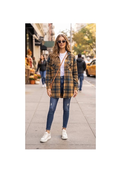 Polologin Butik Hardal Sarısı Ve Lacivert Ekose Desenli Uzun Kapüşonlu Oduncu Gömlek / Ceket Sarı Polologin Butik Hardal Sarısı Ve Lacivert Ekose Desenli Uzun Kapüşonlu Oduncu Gömlek / Ceket Sarı