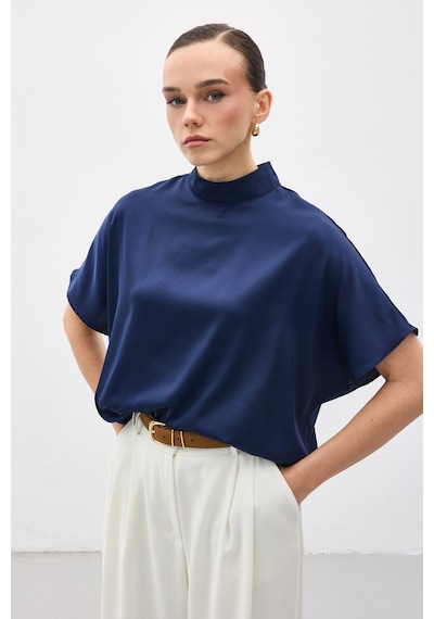 Sateen Yarasa Kol Salaş Bluz - Lacivert-136988 Lacivert Sateen Yarasa Kol Salaş Bluz - Lacivert-136988 Lacivert