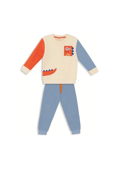 Denokids Erkek Çocuk Kışlık Dinozor Desenli Bej Uzun Kollu 2 Parça Eşofman Takımı 2-7 Yaş