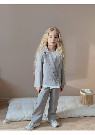Miniko Kids Kız Çocuk Poliviskon Çizgili Blazer Ceket Pantolon Dokuma Kumaş Takım Gri