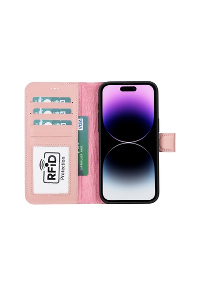 Plm Apple İphone 15 Pro Max Uyumlu Deri Cüzdanlı Kılıf Mwwn Nu2 Pembe Acı Kahverengi