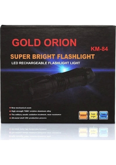 Gold Orion Km-84 Tasarruflu Şarjlı Zoomlu Metal El Feneri Kemer Klipsli Siyah