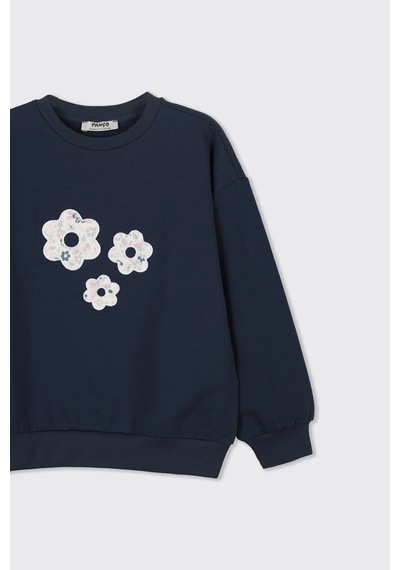 Panço Kız Çocuk Çiçek Aplike Detaylı Lacivert Sweatshirt