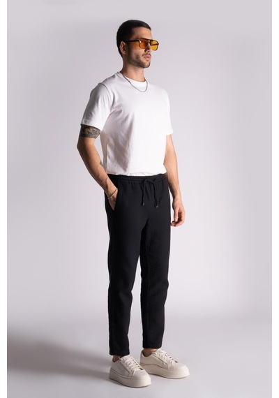 Pamuk Comfort Fit Jogger Bel Pantolon Siyah Siyah