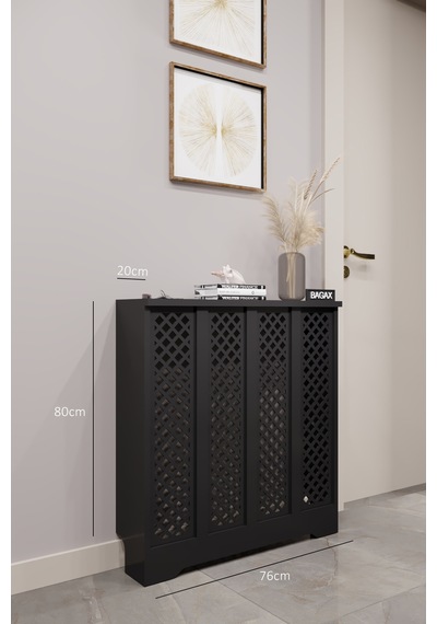 Dekoratif Petek Dolabı Kalorifer Peteği Kapatma Ünitesi Modern Tasarım İç Ölçü 76 Cm Dış Ölçü 80 Cm Petek 76 Siyah D7