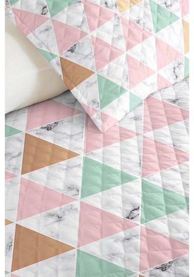Geometrik Pastel Pembe Genç Odası Tek Kişilik Pike Takımı - Mermer Mint 160x220 Cm Yatak Örtüsü Mistik Eşik Kabuğu